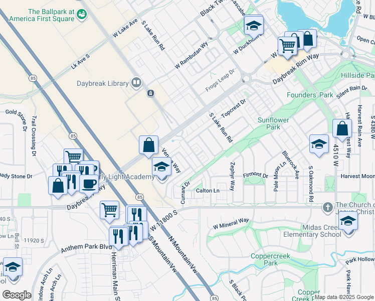 map of restaurants, bars, coffee shops, grocery stores, and more near 11592 South Grandville Avenue in South Jordan