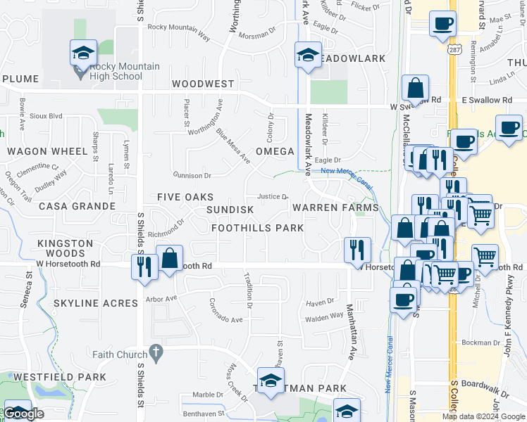 map of restaurants, bars, coffee shops, grocery stores, and more near 3419 Justice Court in Fort Collins