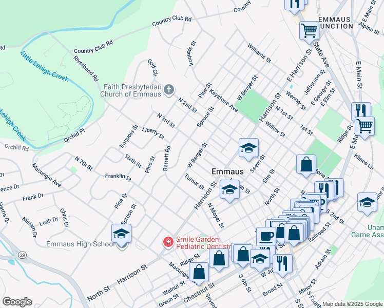 map of restaurants, bars, coffee shops, grocery stores, and more near 316 West Berger Street in Emmaus