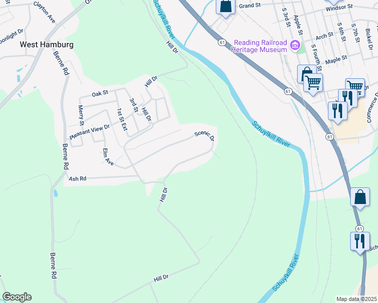 map of restaurants, bars, coffee shops, grocery stores, and more near 25 Scenic Drive in Hamburg