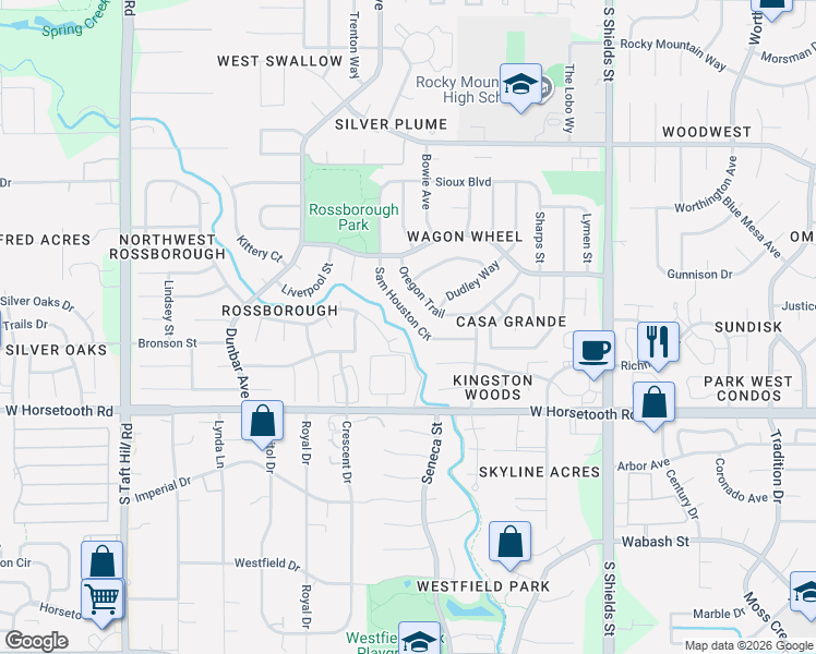 map of restaurants, bars, coffee shops, grocery stores, and more near 3419 Sam Houston Circle in Fort Collins