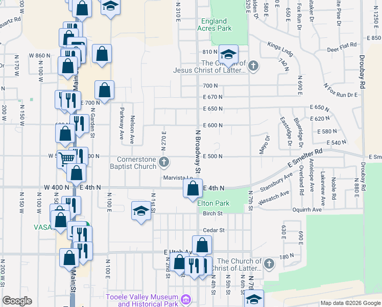 map of restaurants, bars, coffee shops, grocery stores, and more near 339 East 500 North in Tooele