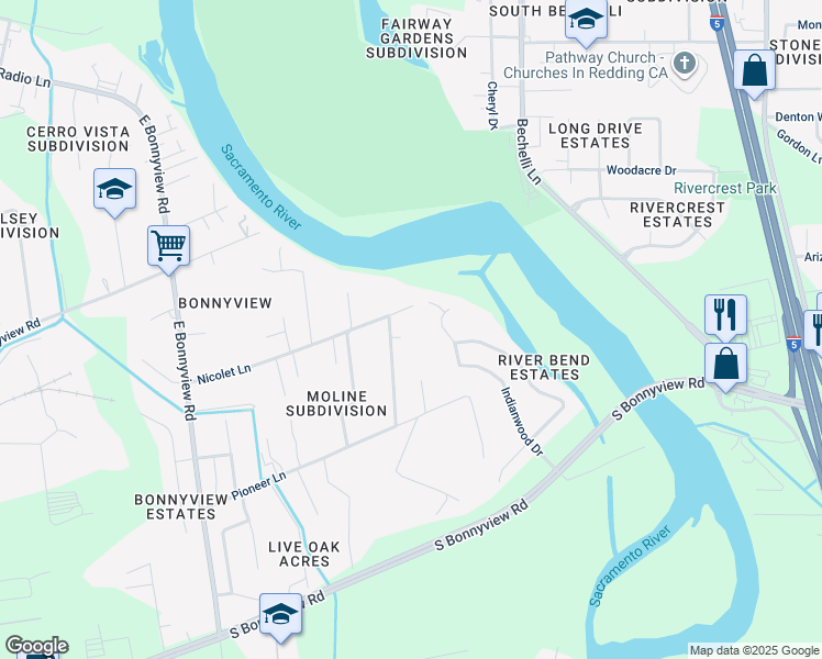 map of restaurants, bars, coffee shops, grocery stores, and more near 5365 Rosswood Street in Redding
