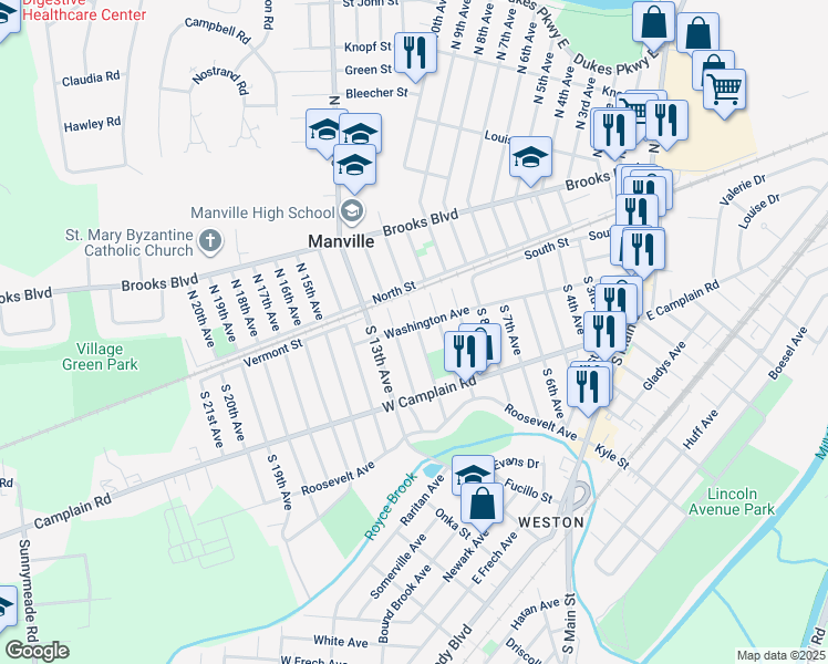 map of restaurants, bars, coffee shops, grocery stores, and more near 1101 Washington Avenue in Manville