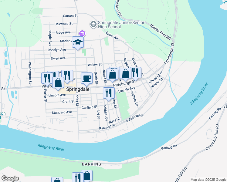 map of restaurants, bars, coffee shops, grocery stores, and more near in Springdale