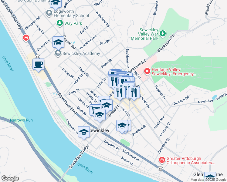 map of restaurants, bars, coffee shops, grocery stores, and more near 417 Walnut Street in Sewickley