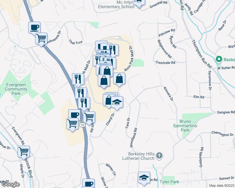 map of restaurants, bars, coffee shops, grocery stores, and more near 1001 Ross Park Mall Dr in Pittsburgh
