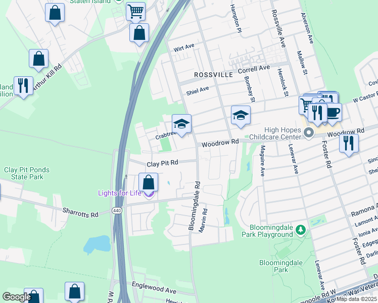 map of restaurants, bars, coffee shops, grocery stores, and more near 27 Clay Pit Road in Staten Island