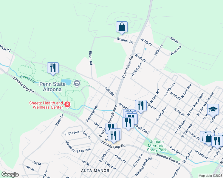 map of restaurants, bars, coffee shops, grocery stores, and more near 2708 Wehnwood Road in Altoona