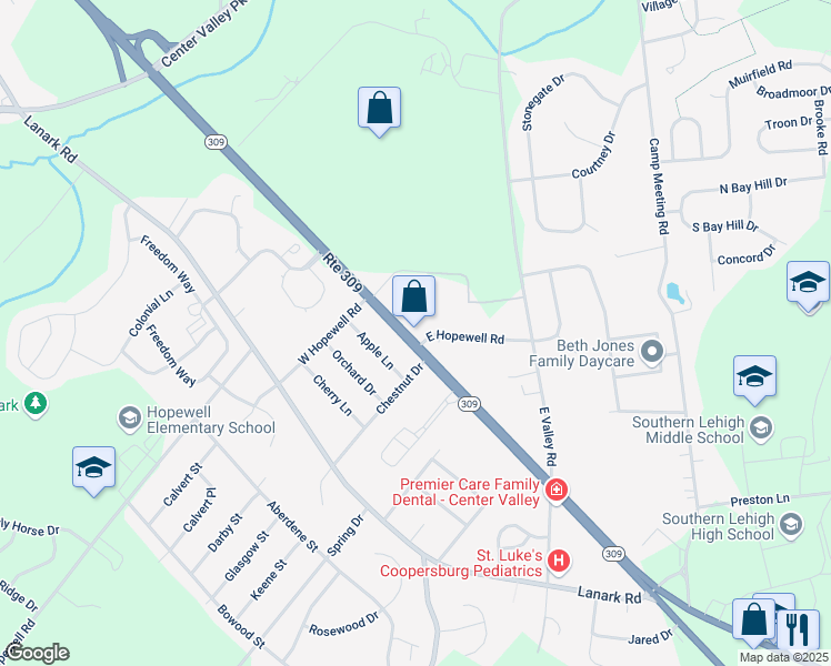 map of restaurants, bars, coffee shops, grocery stores, and more near 4839 Pennsylvania 309 in Lehigh County