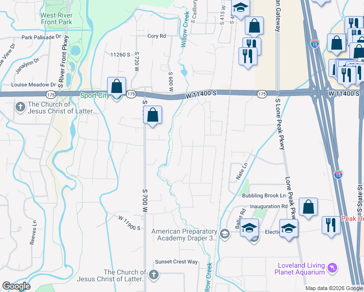 map of restaurants, bars, coffee shops, grocery stores, and more near 11617 South Wildrye Field Way in Draper