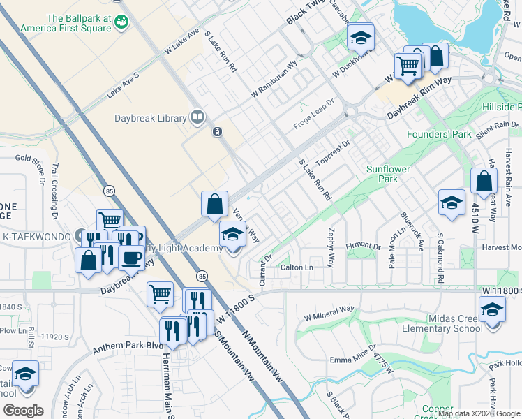 map of restaurants, bars, coffee shops, grocery stores, and more near 11598 Grandville Avenue in South Jordan