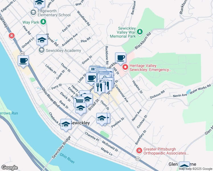 map of restaurants, bars, coffee shops, grocery stores, and more near 426 Beaver Street in Sewickley