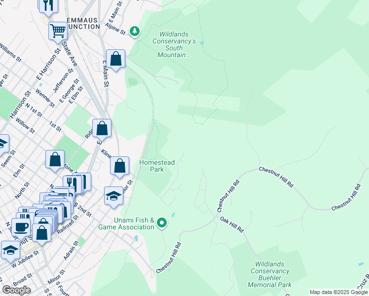 map of restaurants, bars, coffee shops, grocery stores, and more near 116 White Oak Lane in Emmaus