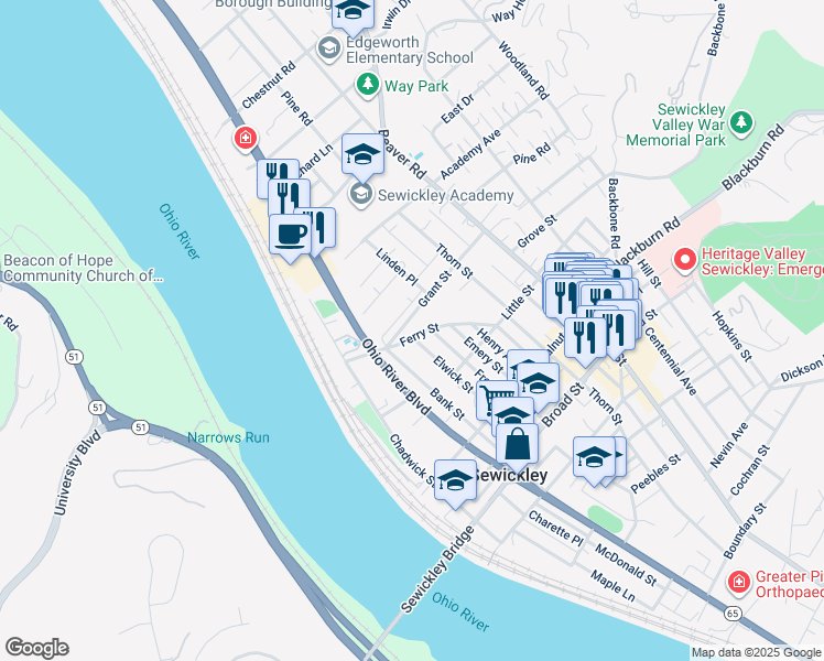 map of restaurants, bars, coffee shops, grocery stores, and more near 220 Grant Street in Sewickley