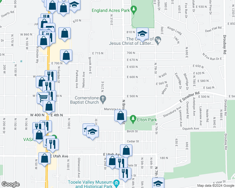 map of restaurants, bars, coffee shops, grocery stores, and more near 329 East 500 North in Tooele