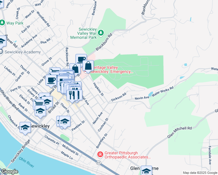 map of restaurants, bars, coffee shops, grocery stores, and more near 742 Orchard Terrace in Sewickley