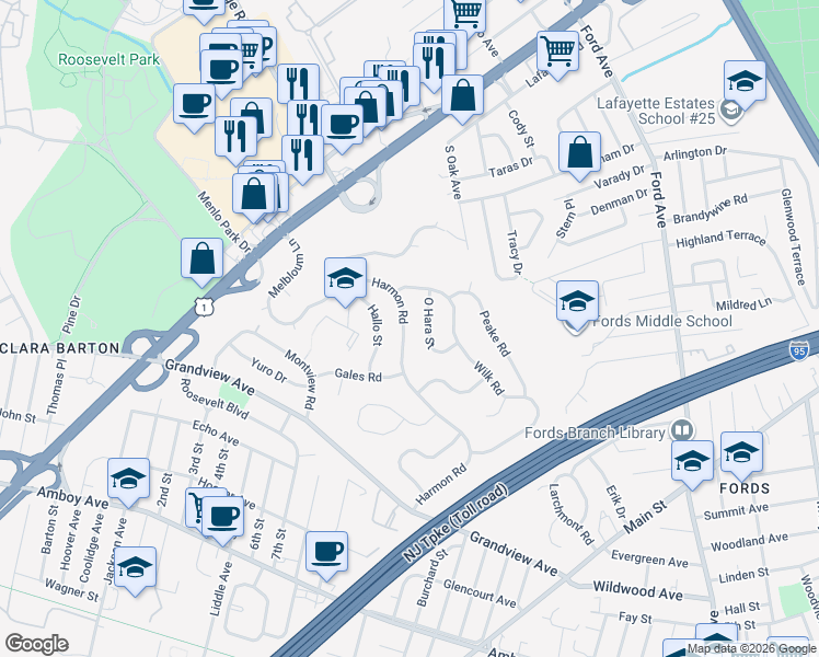 map of restaurants, bars, coffee shops, grocery stores, and more near 14 O Hara Street in Edison