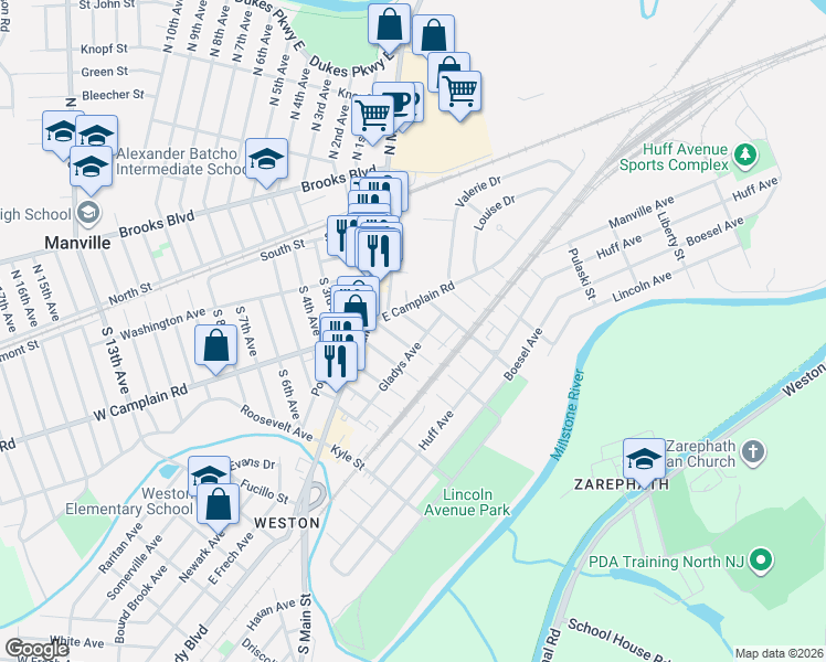 map of restaurants, bars, coffee shops, grocery stores, and more near 37 North Arlington Street in Manville
