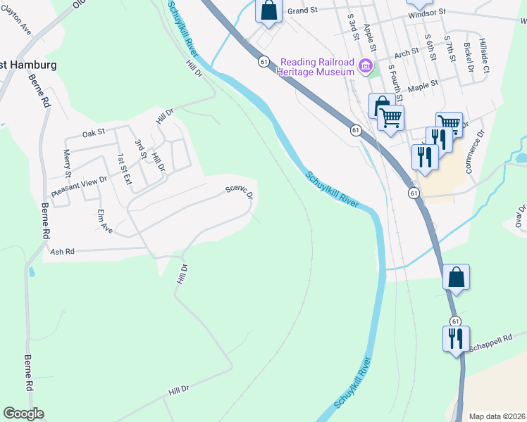 map of restaurants, bars, coffee shops, grocery stores, and more near 23 Scenic Drive in Hamburg