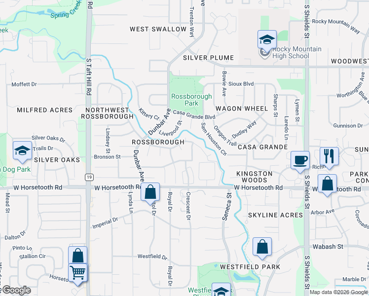 map of restaurants, bars, coffee shops, grocery stores, and more near 3419 Pembroke Street in Fort Collins
