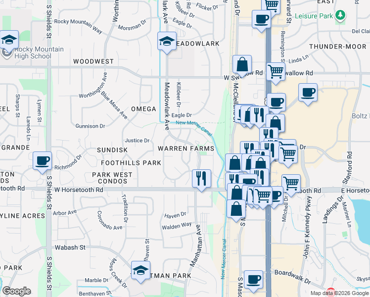 map of restaurants, bars, coffee shops, grocery stores, and more near 3421 Bale Drive in Fort Collins