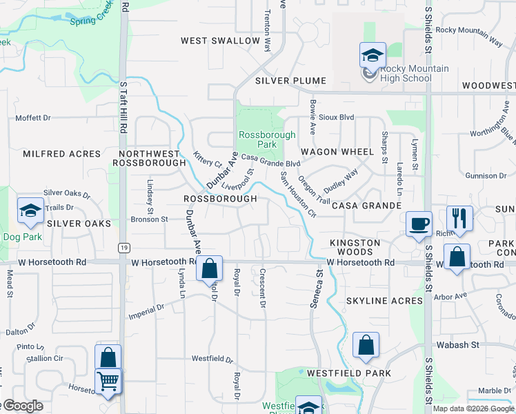 map of restaurants, bars, coffee shops, grocery stores, and more near 3419 Pembroke Street in Fort Collins