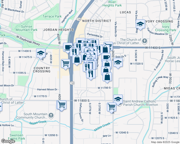 map of restaurants, bars, coffee shops, grocery stores, and more near 11610 District Drive in South Jordan