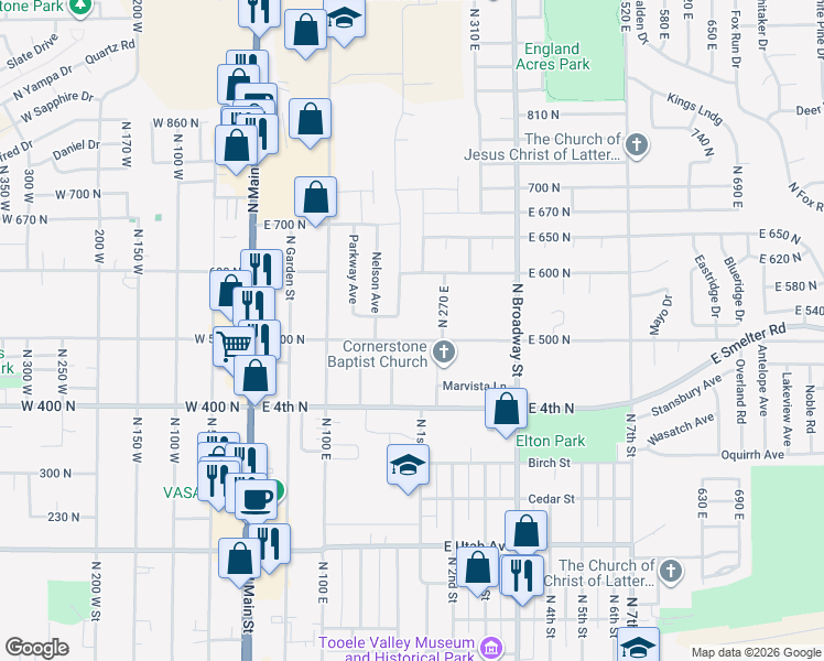 map of restaurants, bars, coffee shops, grocery stores, and more near 242 East 500 North in Tooele