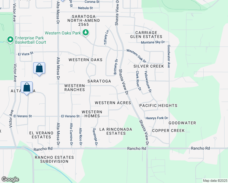 map of restaurants, bars, coffee shops, grocery stores, and more near 2612 Templeton Drive in Redding
