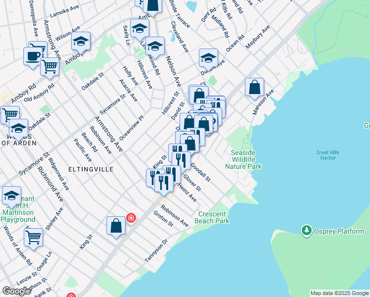 map of restaurants, bars, coffee shops, grocery stores, and more near 4077 Hylan Boulevard in Staten Island