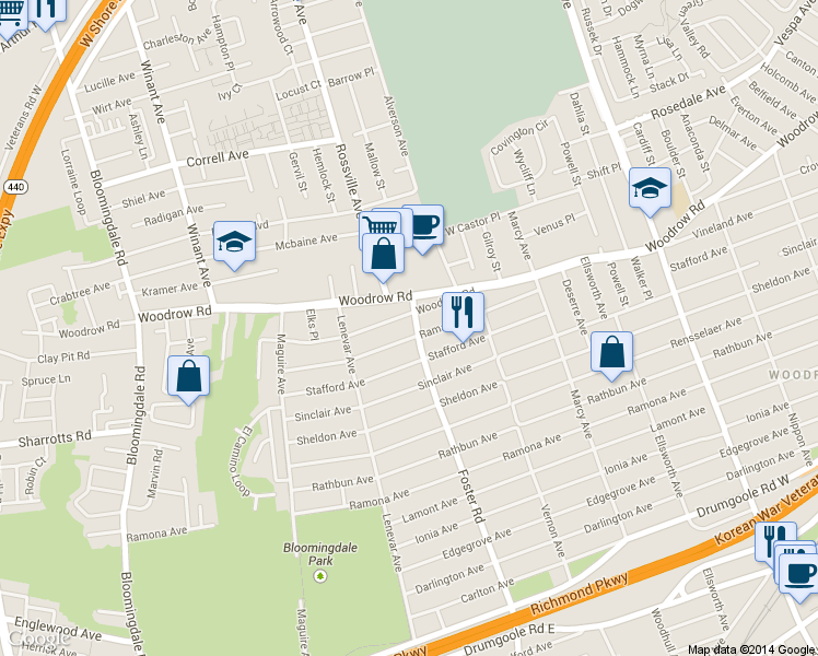 map of restaurants, bars, coffee shops, grocery stores, and more near 579 Foster Road in Staten Island