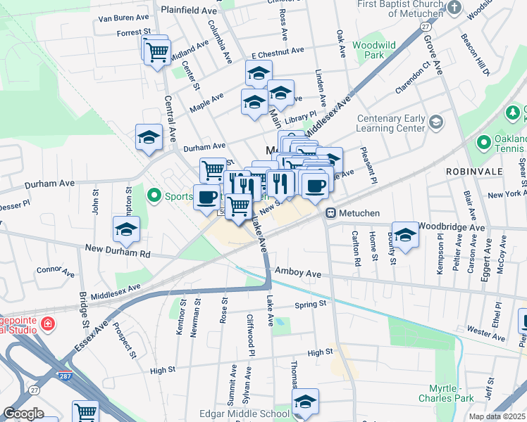 map of restaurants, bars, coffee shops, grocery stores, and more near 55 New Street in Metuchen