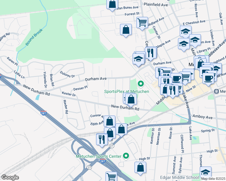 map of restaurants, bars, coffee shops, grocery stores, and more near 50 John Street in Metuchen