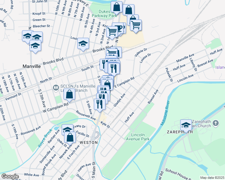 map of restaurants, bars, coffee shops, grocery stores, and more near in Manville