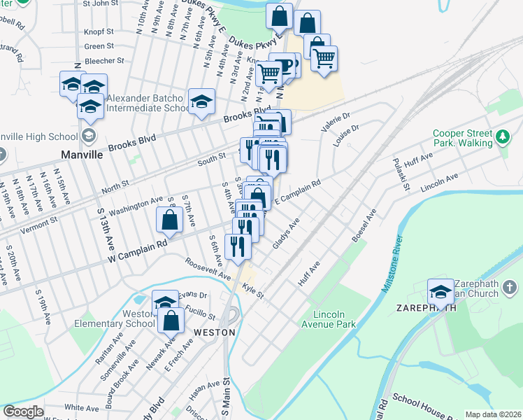 map of restaurants, bars, coffee shops, grocery stores, and more near in Manville