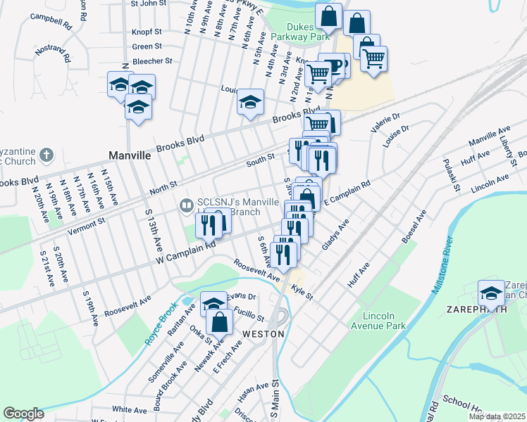 map of restaurants, bars, coffee shops, grocery stores, and more near 154 South 5th Avenue in Manville