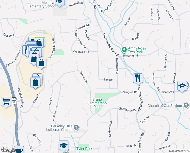 map of restaurants, bars, coffee shops, grocery stores, and more near 150 Elm Road in Pittsburgh
