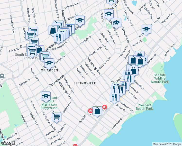 map of restaurants, bars, coffee shops, grocery stores, and more near 289 Beach Road in Staten Island