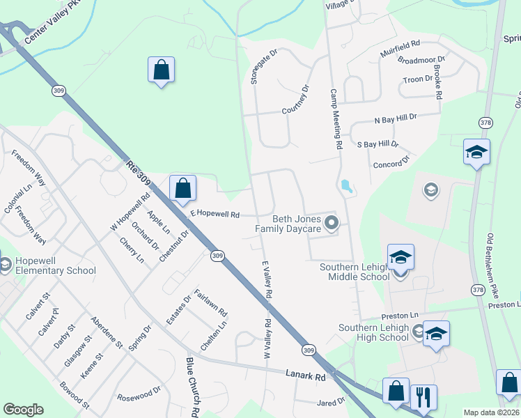 map of restaurants, bars, coffee shops, grocery stores, and more near 3829 East Hopewell Road in Lehigh County