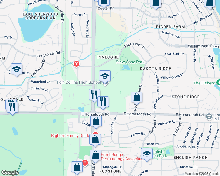 map of restaurants, bars, coffee shops, grocery stores, and more near 3400 Lambkin Way in Fort Collins