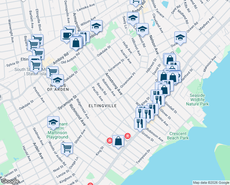 map of restaurants, bars, coffee shops, grocery stores, and more near 273 Robinson Avenue in Staten Island