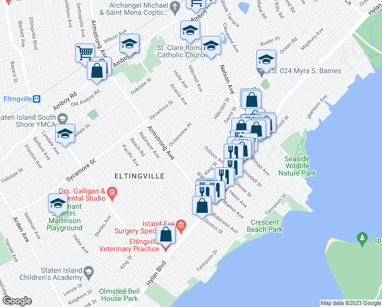 map of restaurants, bars, coffee shops, grocery stores, and more near 177 David Street in Staten Island