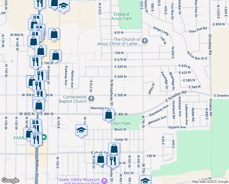 map of restaurants, bars, coffee shops, grocery stores, and more near 516 North Broadway Avenue in Tooele