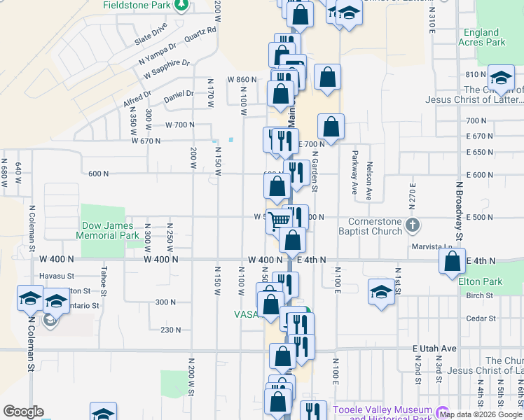 map of restaurants, bars, coffee shops, grocery stores, and more near 500 North 50 West in Tooele