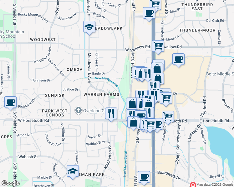 map of restaurants, bars, coffee shops, grocery stores, and more near 326 Riva Ridge Lane in Fort Collins