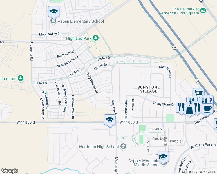 map of restaurants, bars, coffee shops, grocery stores, and more near 11604 Keystone Drive in South Jordan