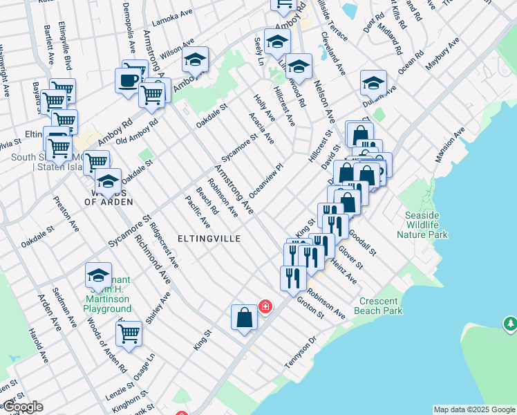 map of restaurants, bars, coffee shops, grocery stores, and more near 177 David Street in Staten Island