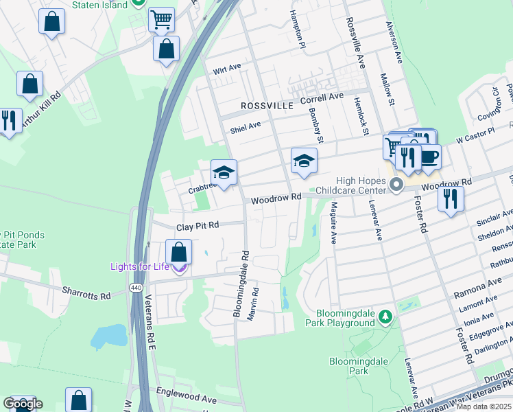 map of restaurants, bars, coffee shops, grocery stores, and more near 18 Lynbrook Court in Staten Island