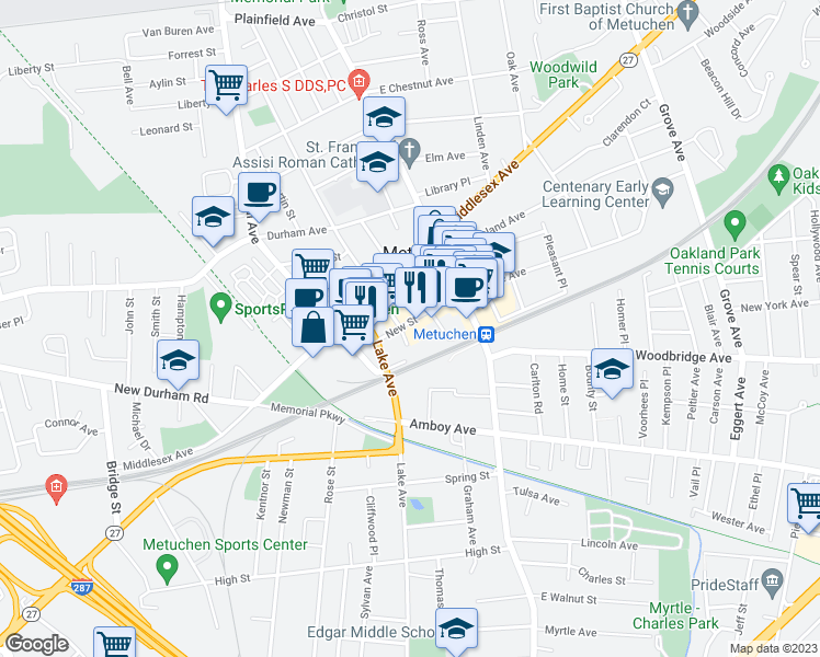 map of restaurants, bars, coffee shops, grocery stores, and more near 55 New Street in Metuchen